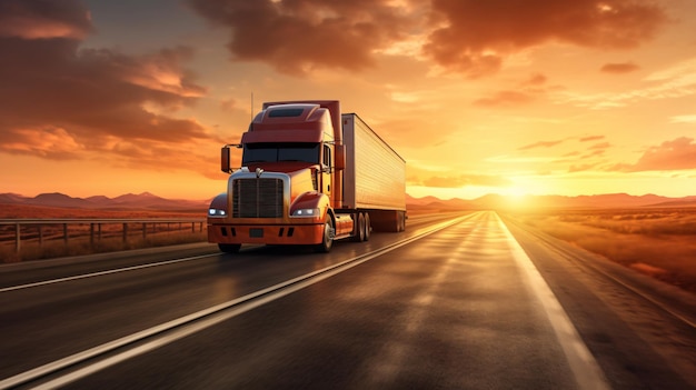 Vrachtwagen en snelweg bij zonsondergang transport achtergrond