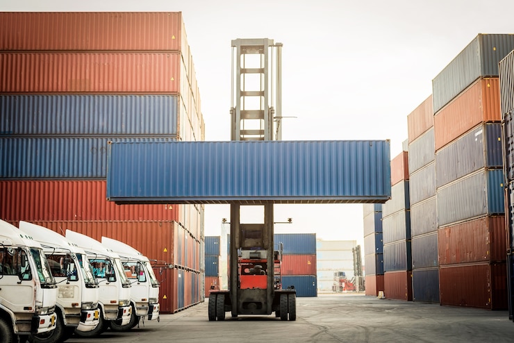 Foto vrachtwagen en vorkheftruck met containerdoos voor logistiek