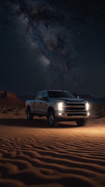 vrachtwagen geparkeerd in het midden van de woestijn met de lichten aan en de sterrenhemel