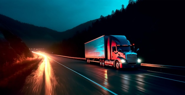 Vrachtwagen in Amerikaanse stijl op de snelweg die vracht trekt Transportconcept AI gegenereerd beeld