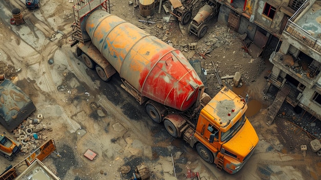 Vrachtwagen met betonmixer op de achtergrond van een bouwplaats voor de zware industrie