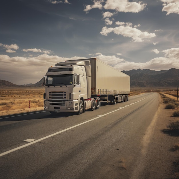 Vrachtwagen met container op de snelweg goederenvervoer generatief ai