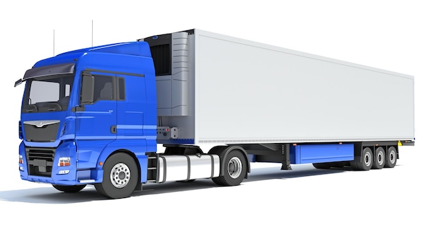 Vrachtwagen met koelkast aanhangwagen d weergave op witte achtergrond