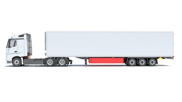 Vrachtwagen met koelkast aanhangwagen d weergave op witte achtergrond