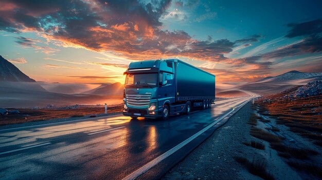 Vrachtwagen met lading op de weg bij zonsondergang Concept van logistiek en transport