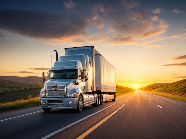 Vrachtwagen met vrachtaanhangwagen rijden op een snelweg White Truck levert goederen in de vroege uren van th