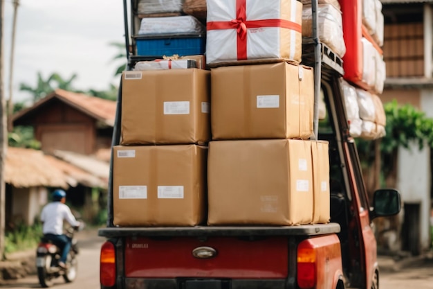 Foto vrachtwagen of vrachtwagen levert goederen of dozen aan een winkel of winkel op de hoofdstraat zonder mensen