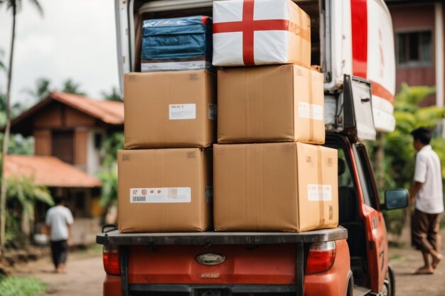 Foto vrachtwagen of vrachtwagen levert goederen of dozen aan een winkel of winkel op de hoofdstraat zonder mensen