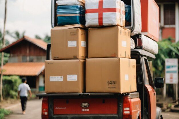 Vrachtwagen of vrachtwagen levert goederen of dozen aan een winkel of winkel op de hoofdstraat zonder mensen