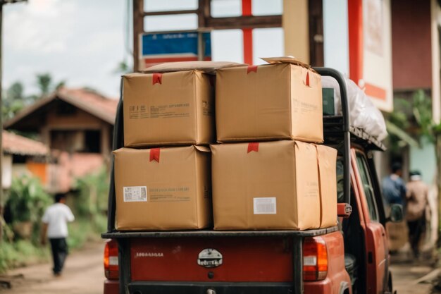 Vrachtwagen of vrachtwagen levert goederen of dozen aan een winkel of winkel op de hoofdstraat zonder mensen