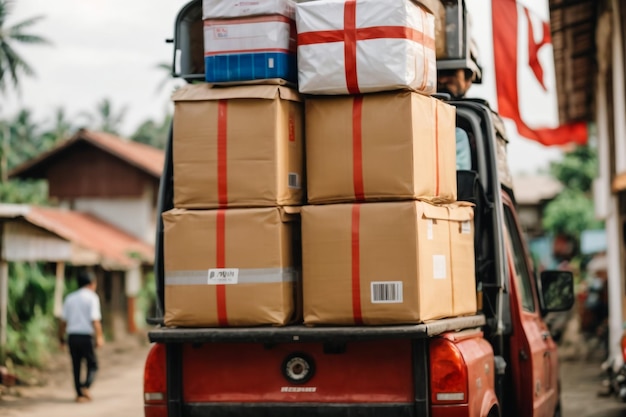 Vrachtwagen of vrachtwagen levert goederen of dozen aan een winkel of winkel op de hoofdstraat zonder mensen