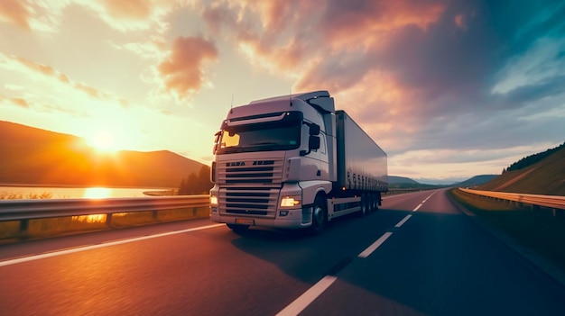 Vrachtwagen op de baan snelweg zonsopgang of zonsondergang de auto maakt internationaal vrachtvervoer Generatieve AI