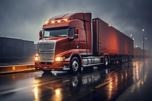 Foto vrachtwagen op de snelweg in de regen