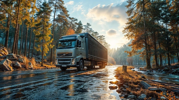 Vrachtwagen op de weg in het bos bij zonsondergang Goederentransport