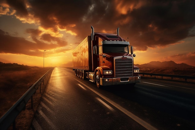 Vrachtwagen op weg in zonsondergangtijd