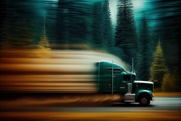 Vrachtwagen rijdt door het bos met de bomen die wazig voorbij vliegen