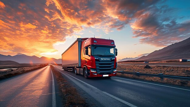 Foto vrachtwagen rijdt door landschap bij zonsondergang