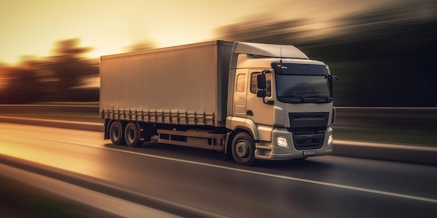 Vrachtwagen rijdt op de weg met prachtige landschap motion blur achtergrond Generatieve AI