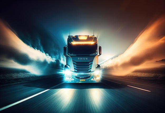 Vrachtwagen rijdt 's nachts op de snelweg auto koplamp lighxAillustration Ai generatief