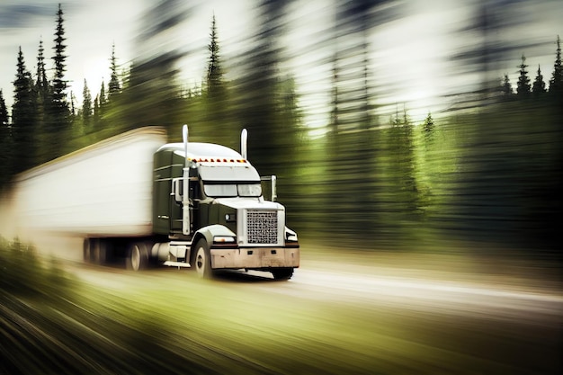 Vrachtwagen rijdt voorbij bos met wazige bomen op de achtergrond gemaakt met generatieve AI