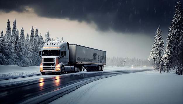 Vrachtwagen vast in de sneeuw op een Finse winterweg Snelweg met een vrachtwagenchauffeur Een vrachtwagen die logistiek werk verricht Chauffeur van een oplegger Generatief AI groot vrachtvoertuig