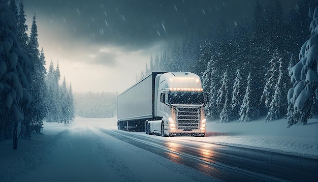 Vrachtwagen vast in de sneeuw op een Finse winterweg Snelweg met een vrachtwagenchauffeur Een vrachtwagen die logistiek werk verricht Chauffeur van een oplegger Generatief AI groot vrachtvoertuig