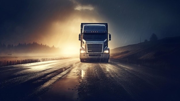 Vrachtwagen Zware vrachtwagen van abstracte snelwegweg Generatieve AI