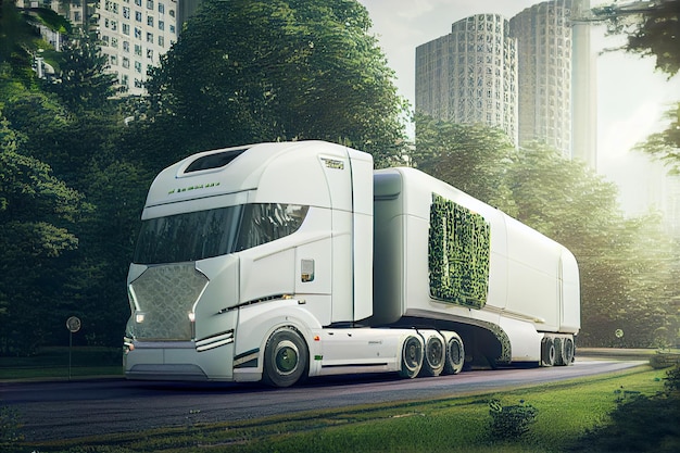 Vrachtwagenbus elektrische auto van de toekomst rijdt op de weg eco-schone omgeving zonder schadelijk afval in de stad van de toekomstige groene stad Generatieve AI