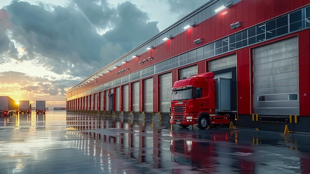 Vrachtwagens in een vrachtterminal bij zonsondergang