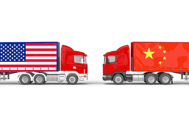 Vrachtwagens met de vs en de chinese vlag die elkaar onder ogen zien