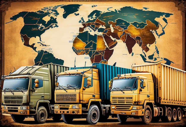 Vrachtwagens met lading op de achtergrond van de wereldkaart Genereer Ai