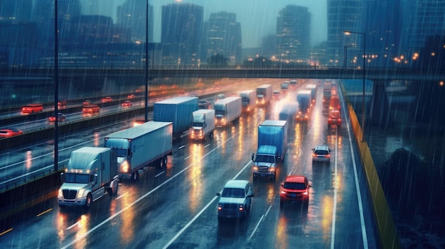 Vrachtwagens op de snelweg Vervoersthema Wegauto's thema Generatieve AI