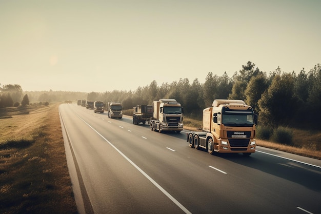 Vrachtwagens op een snelweg met de ondergaande zon achter hen