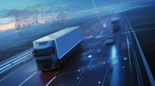 Vrachtwagens rijden op een futuristische snelweg met gegevensstromen en een wereldwijde kaart tegen een stadshemel