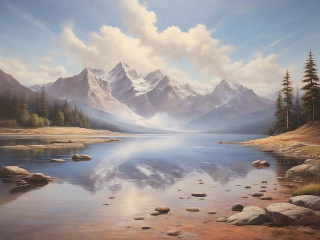 Foto vrede landschappen schilderij van een berg in het meer