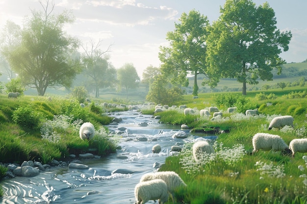 Vrede op het platteland met een kronkelende rivier en weiden