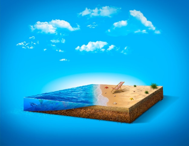 vrede van tropisch strand met water en zand, 3d illustratie van een dwarsdoorsnede van een kubusvormig eiland