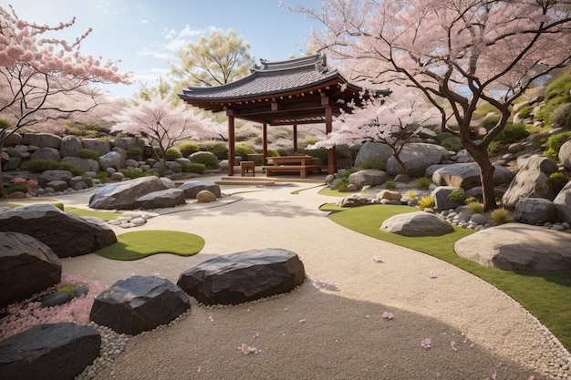 Vrede zen tuin achtergrond prachtig landschap kersenbloesems achtergrond beelden