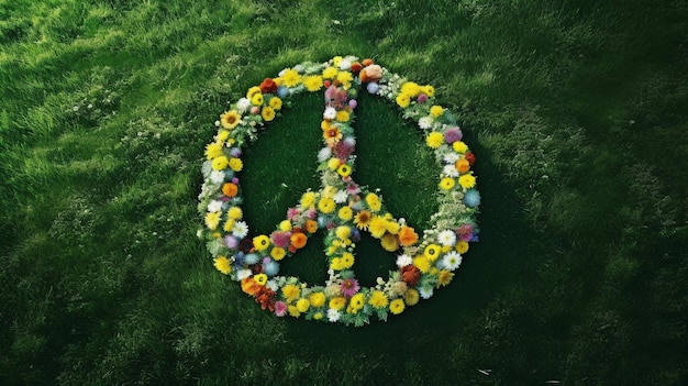 Foto vredesymbool gemaakt van verschillende bloemen op het groene gras