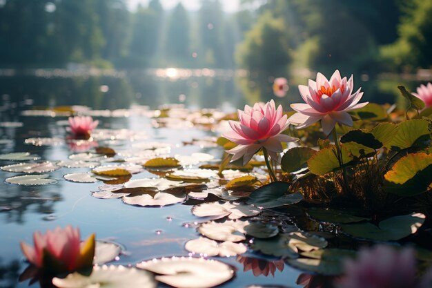 Vredevolle vijver met bloeiende waterlelies Generatieve AI