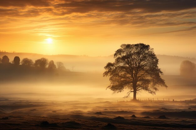 Vreedzaam landschap met bomen en mistige velden gouden uur zonsopgang AI gegenereerd