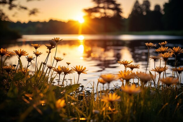 Vreedzaam veld van wilde bloemen landschap onder de avondzon gouden uur achtergrond behang