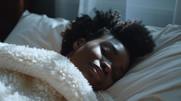Vreedzame Afro-Amerikaanse vrouw die in bed rust
