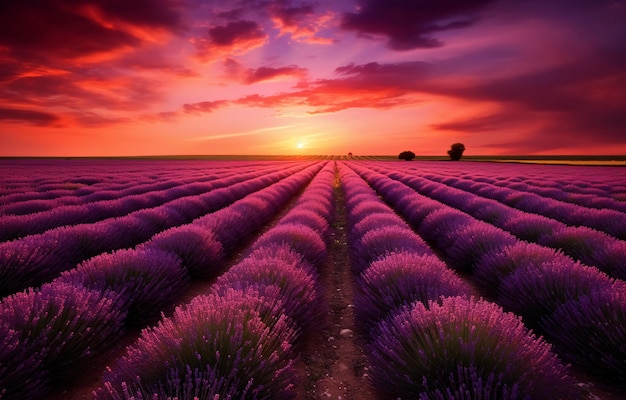 Vreedzame en serene lavendelbloemen in zonsondergang licht AI gegenereerd