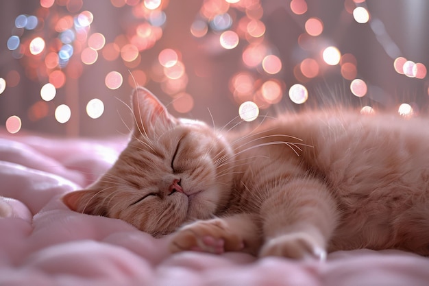 Vreedzame Ginger Cat Slaap diep op zachte roze deken met warme gloeiende Bokeh lichten in
