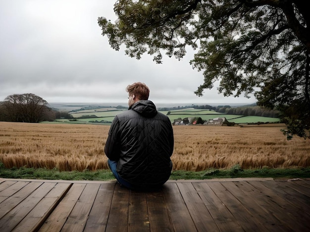 Foto vreedzame man zit op een houten platform met uitzicht op gouden rijstvelden in een mistig platteland