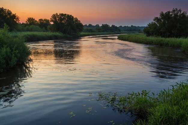 Vreedzame rivierbocht in de schemering