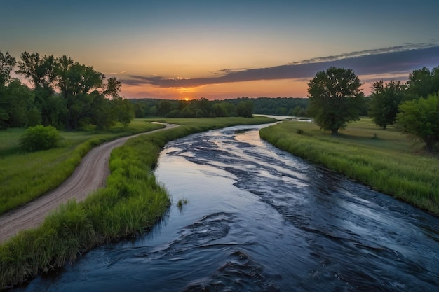 Vreedzame rivierbocht in de schemering