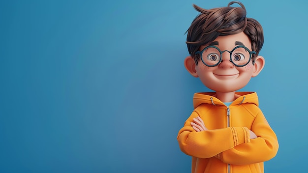 Foto vreemde 3d-illustratie van een jonge jongen met een bril en een gele hoodie. de jongen heeft zijn armen gekruist en een zelfverzekerde glimlach op zijn gezicht.