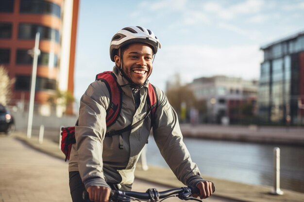 Vreemde Afro-Amerikaanse man met helm die fietsen in de stad.